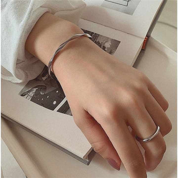 Silver Twisted Cuff Bracelet for Women - Minimalist Open Wave Bangle Stackable Jewelry