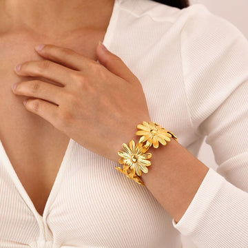 Wide Gold Flower Cuff Bracelet | Textured Daisy Statement Bangle