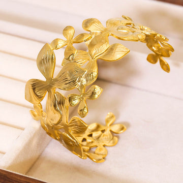 Wide Gold Flower Cuff Bracelet | Textured Multi-Blossom Statement Bangle