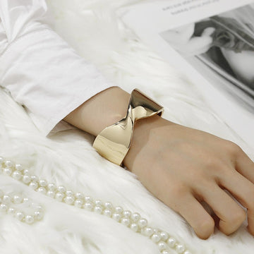 Sculptural Wide Twisted Gold Cuff Bracelet | Abstract Bow Statement Bangle