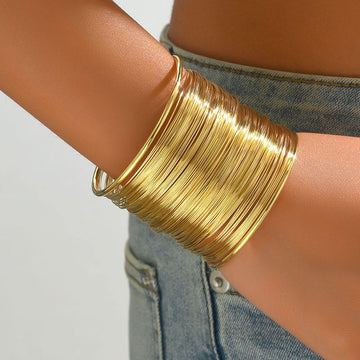 Multi-Layer Gold Wire Cuff Bracelet | Wide Stacked Statement Bangle
