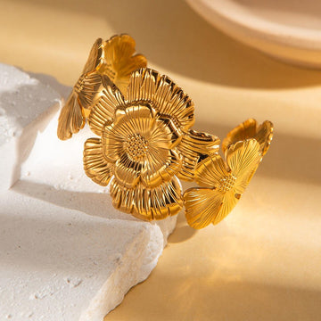 Wide Gold Floral Cuff Bracelet | Textured Flower Statement Bangle