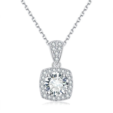 Silver Square Halo Pendant Necklace - Sparkling Crystal Charm